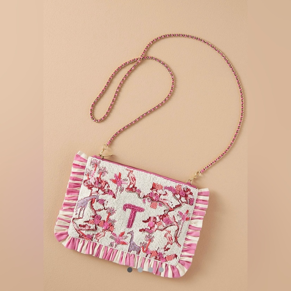 Anthropologie beaded monogram initial T clutch purse NEW PINK